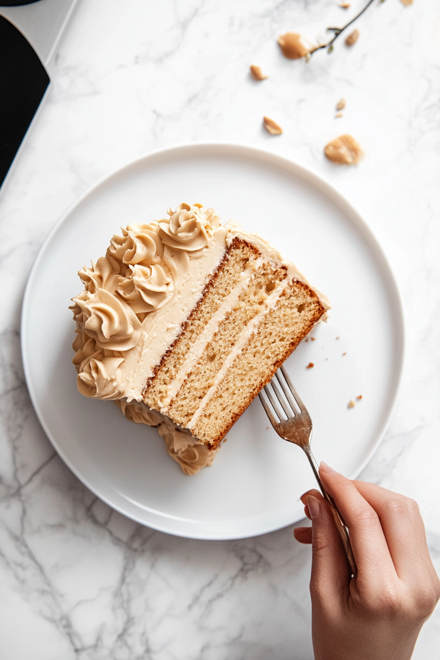 This image shows a slice of butterscotch cake on a dessert plate, topped with a layer of creamy butterscotch frosting. The moist cake layers are clearly visible, with the frosting spread evenly over the top. Fresh berries or mint leaves are added for garnish, presenting a beautifully served slice ready to be enjoyed.