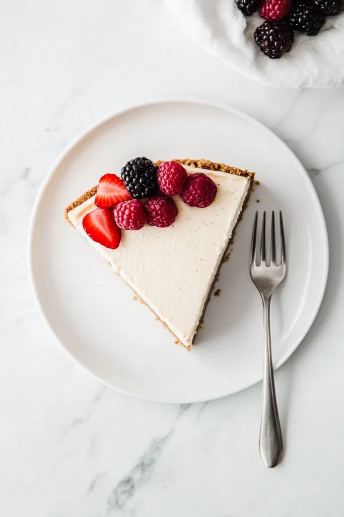 This image shows a slice of vegan cheesecake being served from the pie, with a smooth and creamy texture, ready to enjoy as a dairy-free dessert.