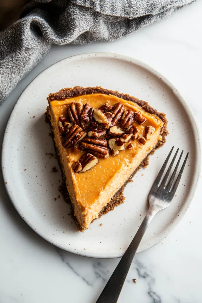 This image shows a slice of sweet potato cheesecake being served, with the creamy filling and crunchy pecan topping visible, ready for enjoyment.