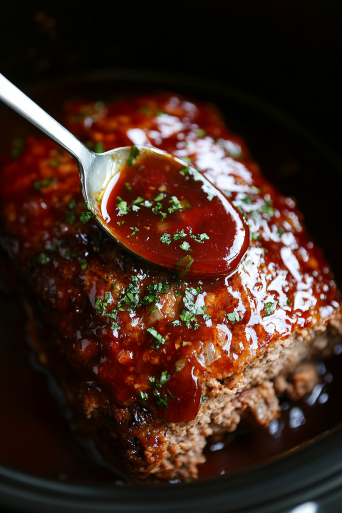 A top-down view of the slow cooker meatloaf as a spoon evenly spreads a rich, glossy glaze over the top of the loaf. The warm light accentuates the smooth texture and deep color of the ketchup-based glaze, readying the meatloaf for slow cooking.