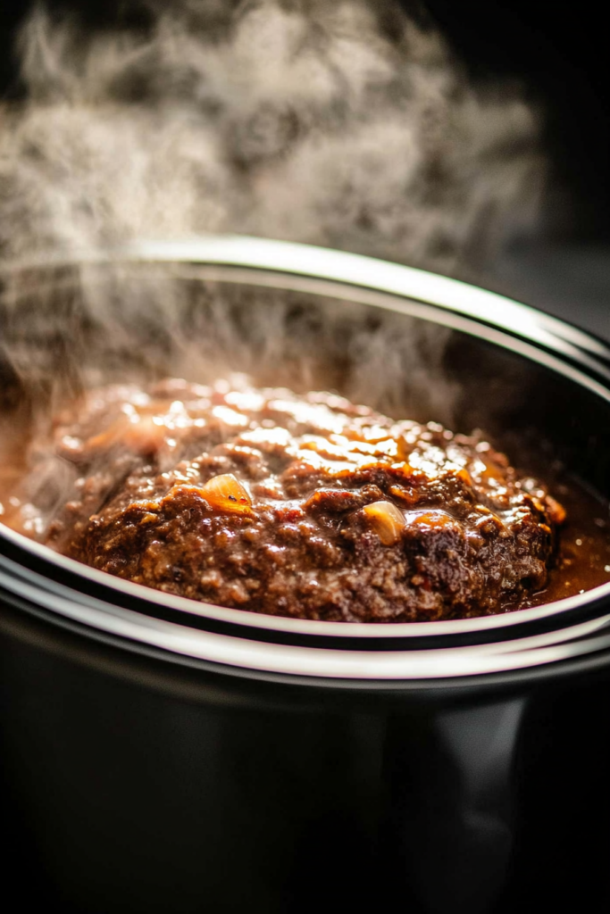 A close-up view of the shaped meatloaf inside a slow cooker, covered with a glossy ketchup, brown sugar, and Worcestershire sauce topping, cooking slowly for the slow cooker meatloaf recipe.