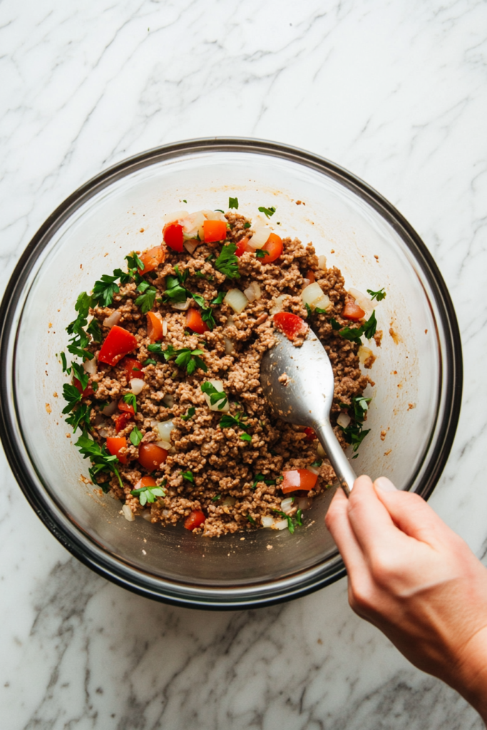 A large mixing bowl containing ground beef, ground pork, breadcrumbs, milk, ketchup, finely chopped onion, bell pepper, egg, minced garlic, oregano, basil, salt, and pepper being combined to create the meat mixture for a slow cooker meatloaf recipe.