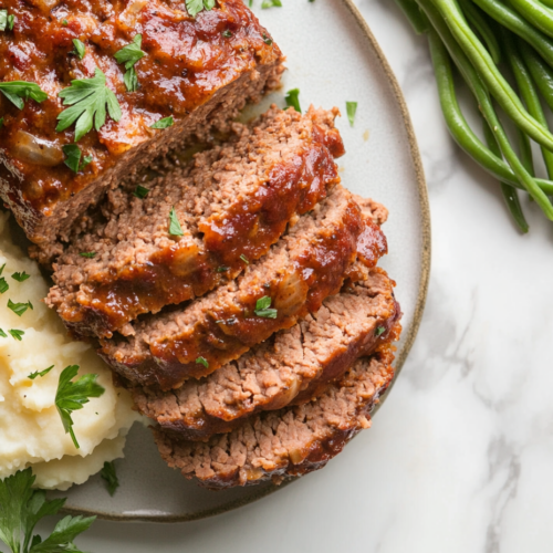 A beautifully plated serving of the completed slow cooker meatloaf, showcasing perfectly sliced portions with a glossy glaze on top. The meatloaf is served alongside creamy mashed potatoes and green beans, arranged neatly on the plate for a comforting and appetizing presentation.