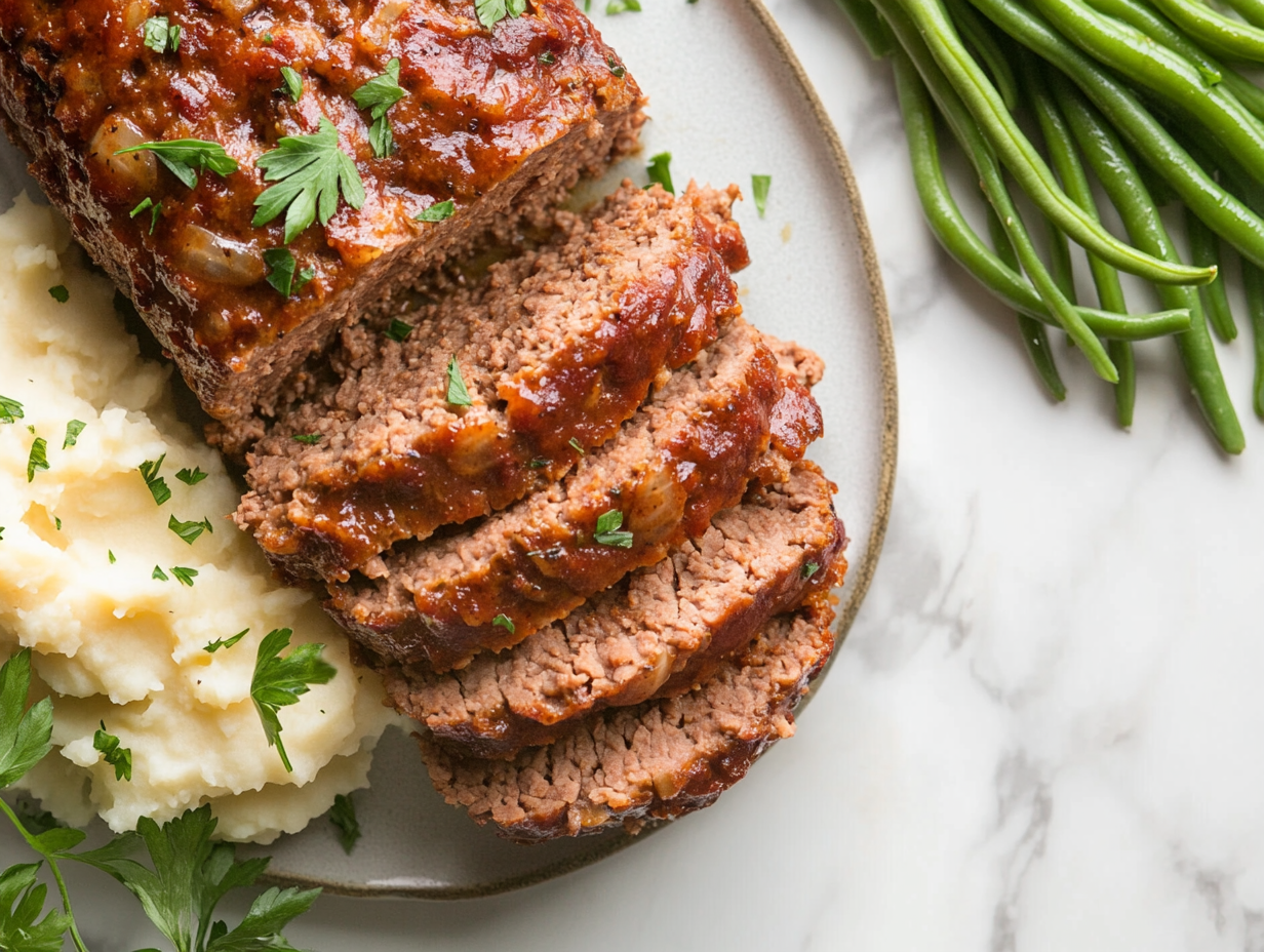 A beautifully plated serving of the completed slow cooker meatloaf, showcasing perfectly sliced portions with a glossy glaze on top. The meatloaf is served alongside creamy mashed potatoes and green beans, arranged neatly on the plate for a comforting and appetizing presentation.