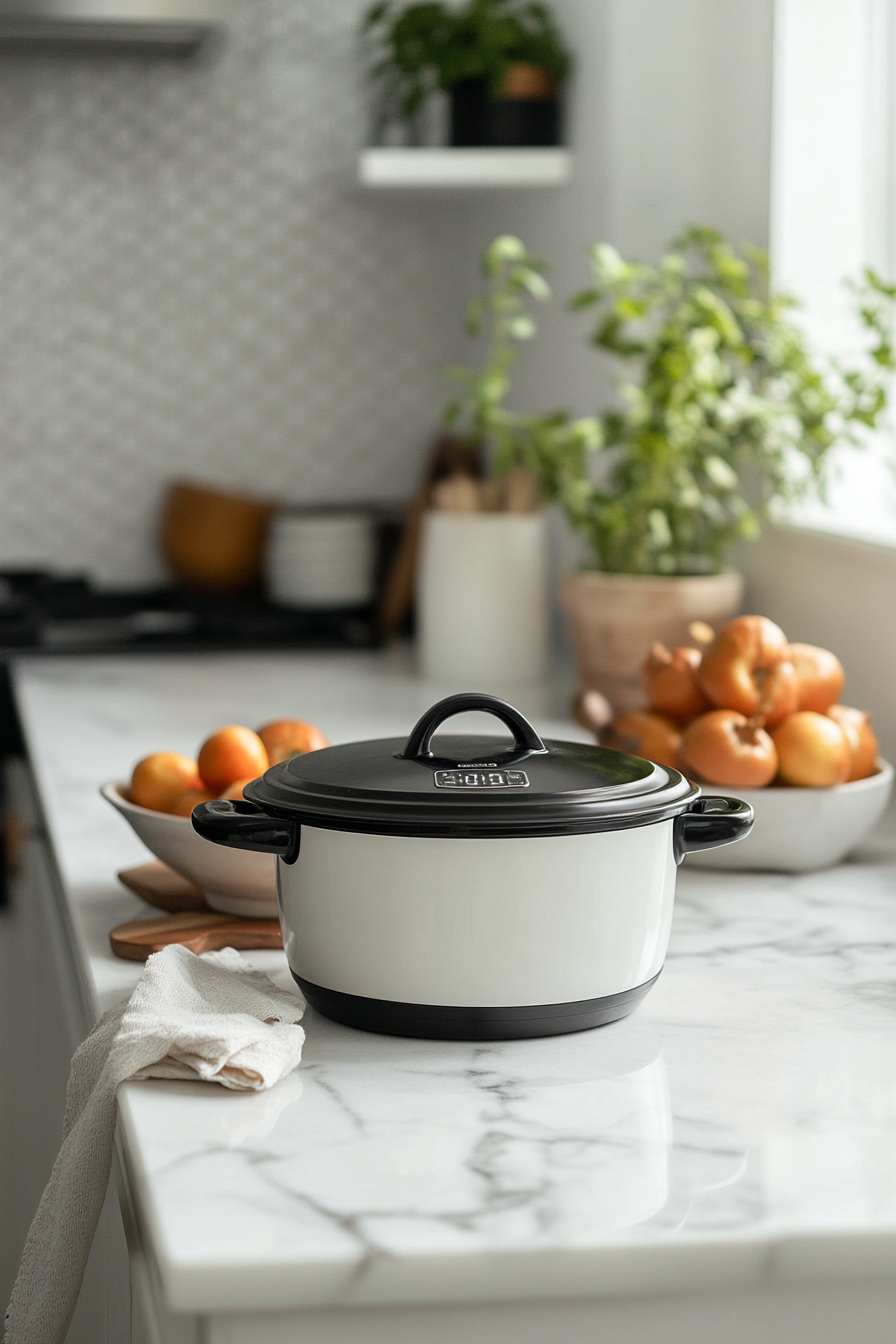 This image shows the crockpot filled with saucy meatballs as they slowly cook on high heat for about two hours, allowing the flavors to meld together and create a rich, delicious dish.