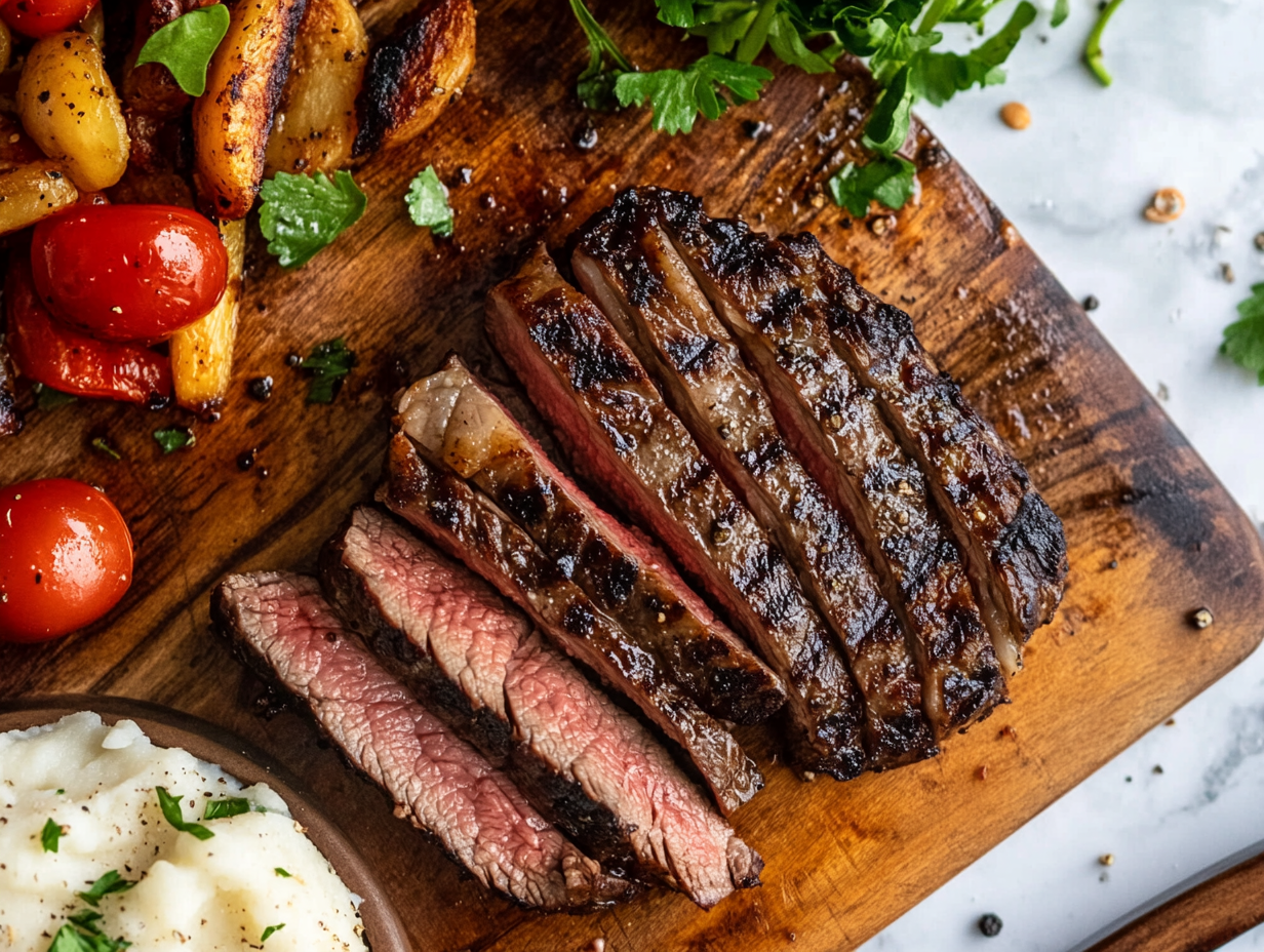 This image shows that a perfectly smoked ribeye steak, with a rich, smoky crust and a juicy interior, is ready to be served. The steak is presented with garnishes and sides, highlighting its tender and flavorful qualities.