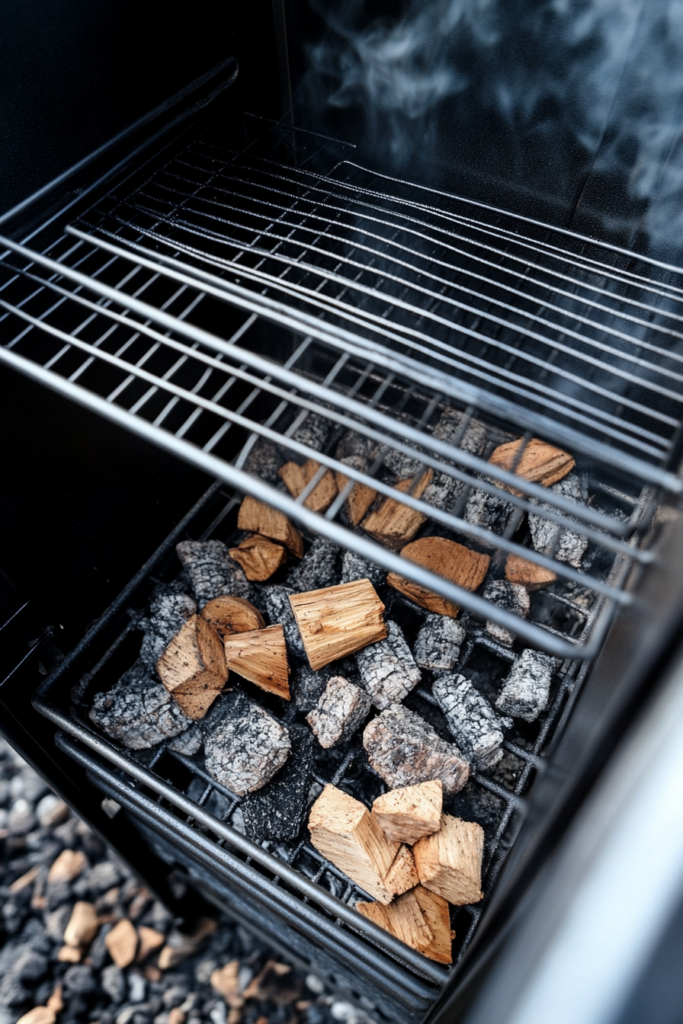 This image shows that the smoker is preheated to 225°F (107°C) with wood chips or chunks added for a smoky flavor. The temperature gauge on the smoker is clearly visible.