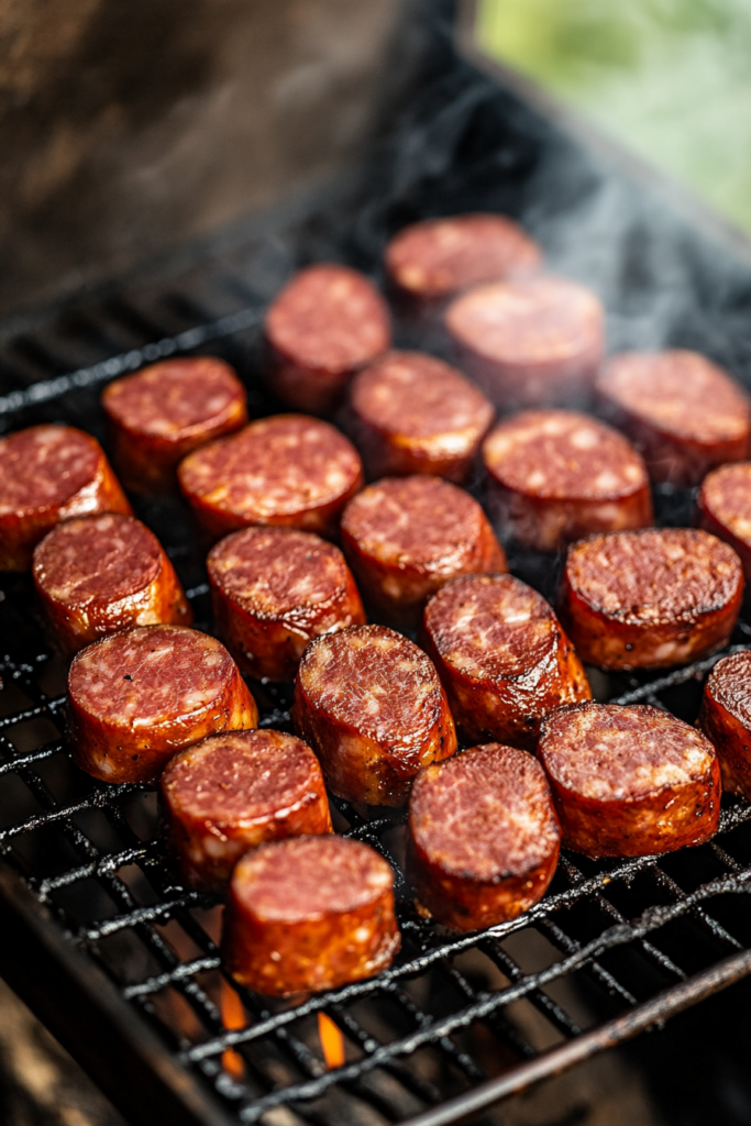 Kielbasa slices arranged on smoker grates, slowly developing a deep smoky color as they cook. The internal temperature is monitored to reach 160°F for perfect doneness