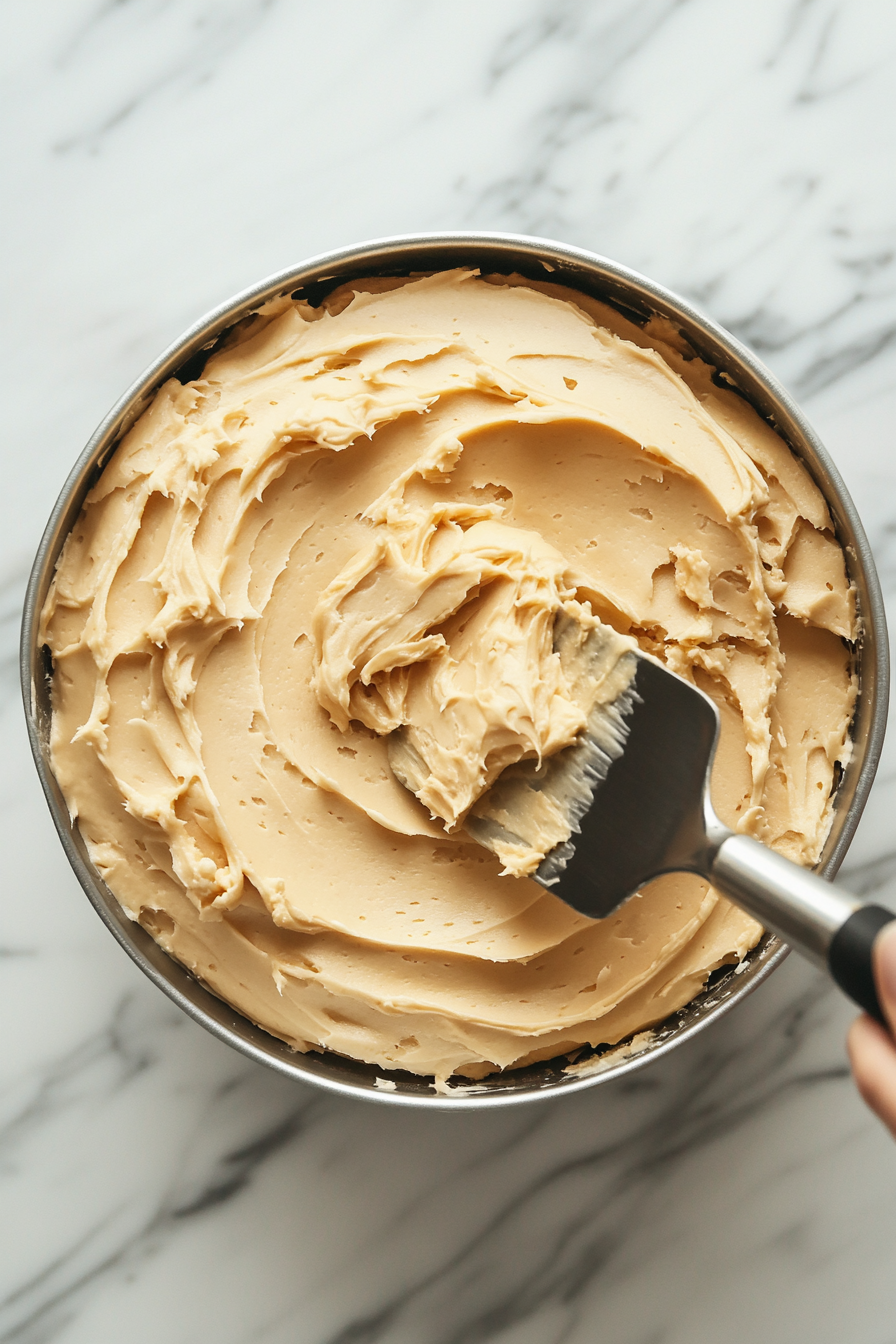 This image shows a cooled butterscotch cake being generously frosted with a thick layer of smooth butterscotch frosting. A spatula spreads the frosting evenly across the top, creating swirls and peaks. The golden-brown cake peeks out from beneath the frosting as the scene captures the final step before serving.