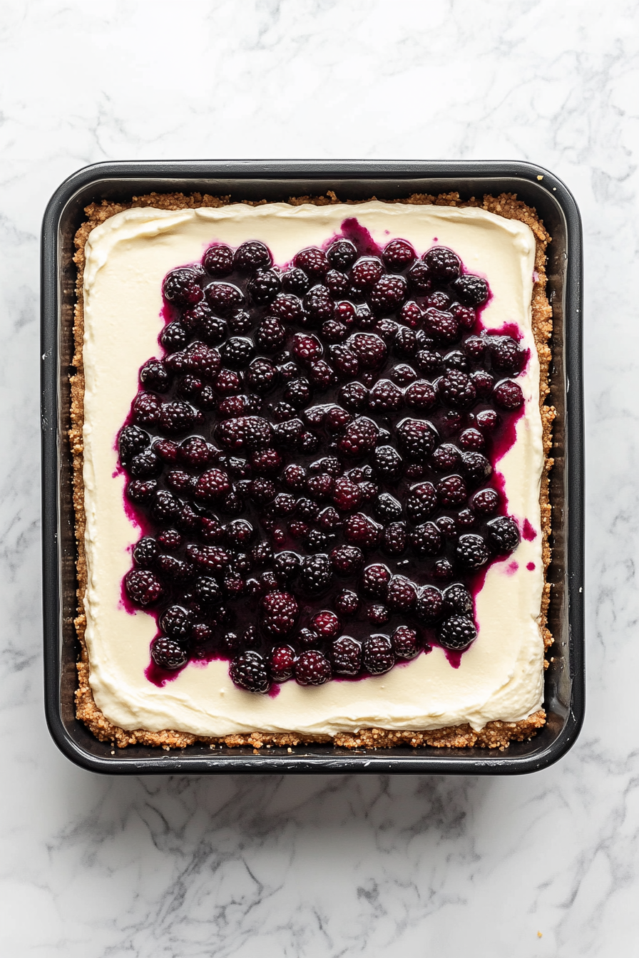 This image shows the thick huckleberry topping being spread evenly over the creamy cheesecake layer in the baking pan, with whole huckleberries sprinkled on top.