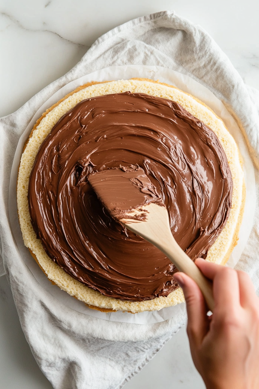 This image shows Nutella being spread generously and evenly across the unrolled sponge cake, leaving a small border around the edges to prepare the cake for its final rolling.