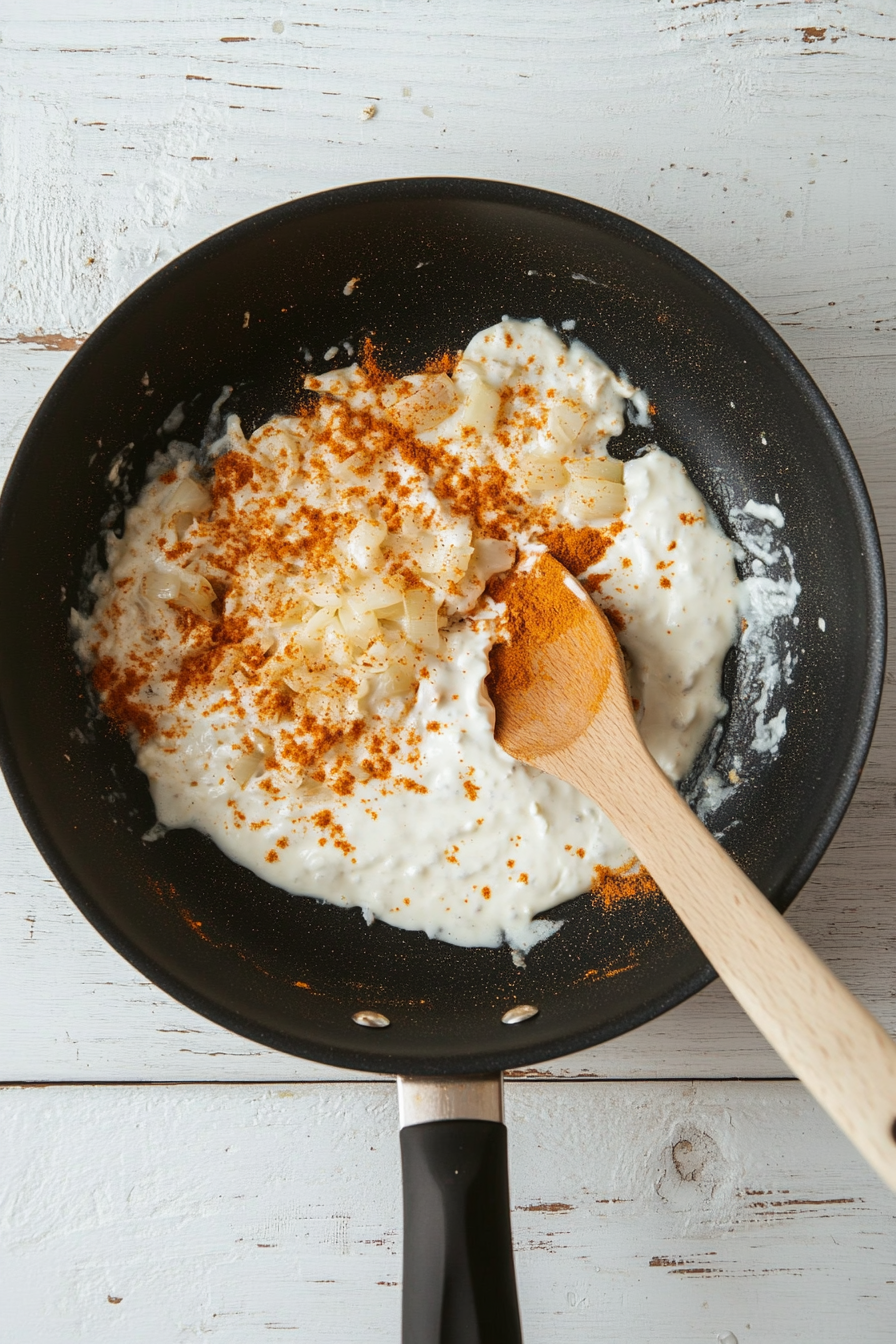 This image shows ground cumin, coriander, garam masala, and plain yogurt being stirred into the sautéed onions, garlic, and ginger, creating a flavorful base for the Palak Sauce.