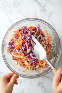 This image shows shredded cabbage and carrots being stirred into the creamy vegan dressing, coating the coleslaw mix thoroughly with the tangy and slightly sweet dressing.