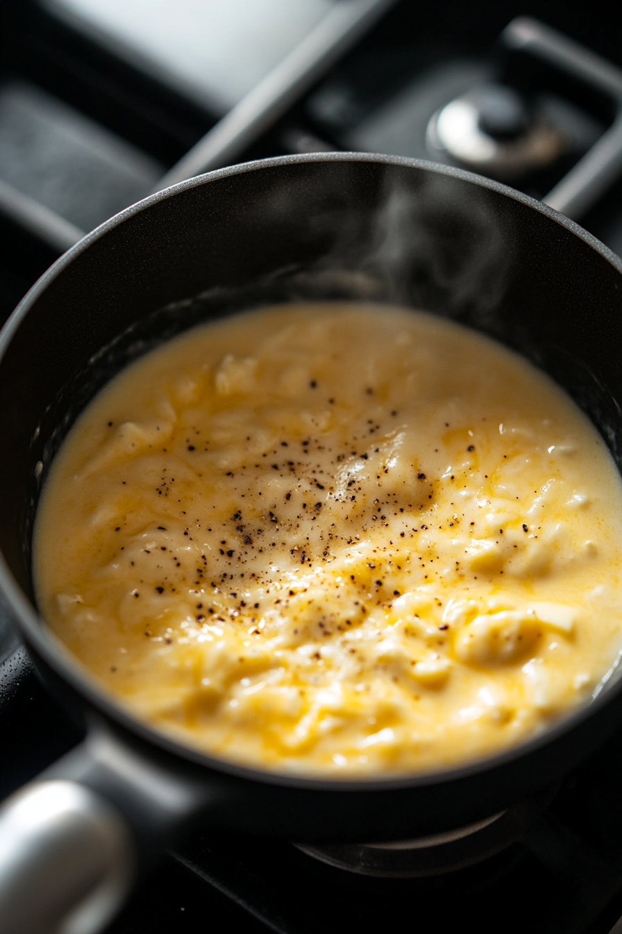 This image shows shredded cheddar and mozzarella cheese being stirred into a creamy sauce in a saucepan. The cheese is melting and blending into the sauce to create a smooth, cheesy mixture.