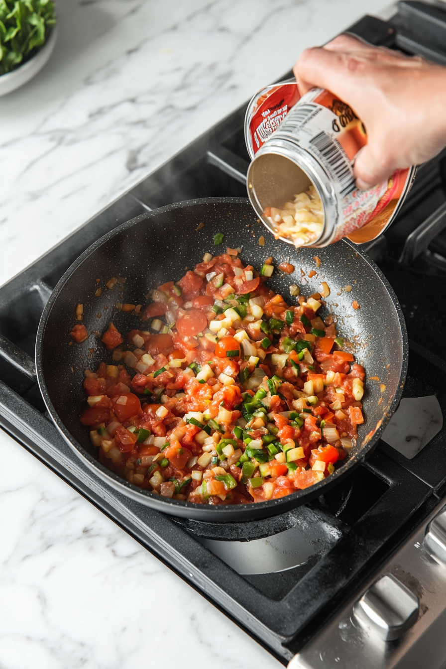 This image shows minced garlic being added to the cooked vegetables, followed by crushed tomatoes, as the sauce begins to come together with added seasonings for a rich and flavorful tomato base.