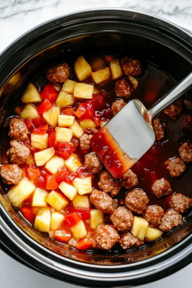 Top-down view over a white marble cooktop with a spatula stirring the contents of the crockpot, mixing the drained pineapple tidbits, sweet red chili sauce, and grape jelly to coat the meatballs evenly.