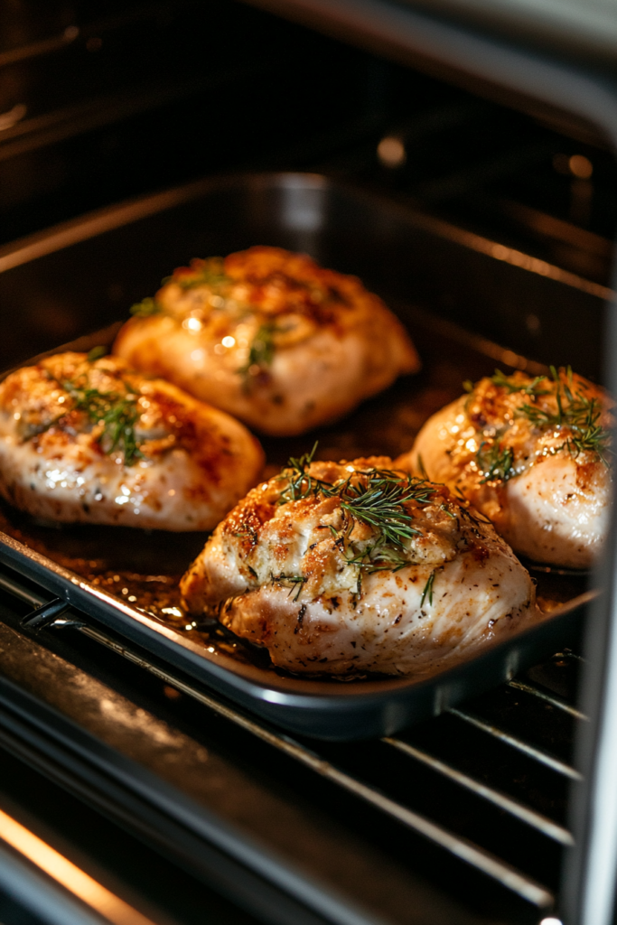 This image shows that the stuffed chicken breasts are in the oven, baking with foil covering the skillet to prevent the stuffing from browning too quickly.