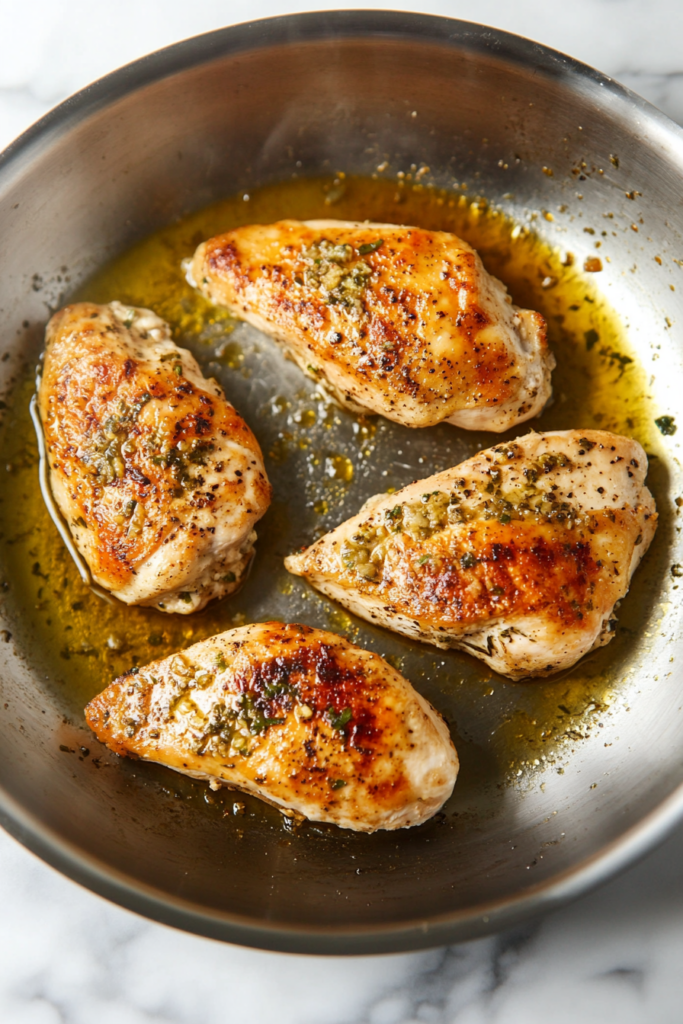 This image shows that stuffed chicken breasts are being seared in a hot skillet with olive oil. The chicken is golden brown on the outside, showing a crisp, seared texture.