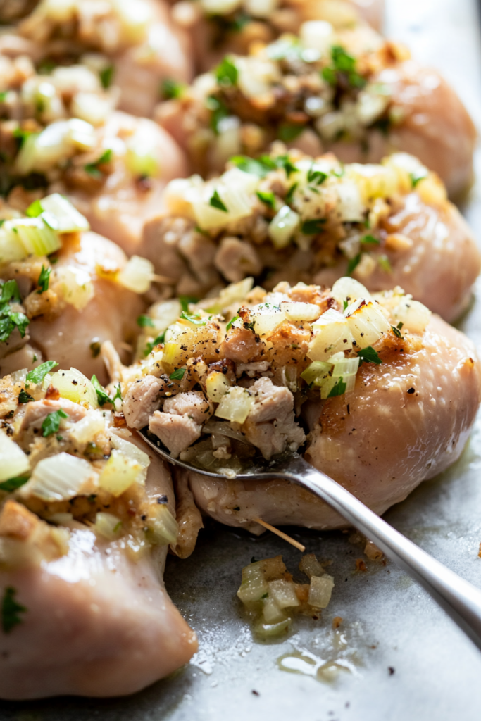 This image shows that prepared stuffing is being packed into the pockets of chicken breasts. Toothpicks are used to secure the openings and hold the stuffing in place.