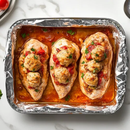 Stuffed chicken breasts in a baking dish, covered with aluminum foil, with a timer showing 20 minutes of initial baking time. The image anticipates the delicious final meal, followed by another image of the baked chicken resting on a plate, optionally garnished with gravy.