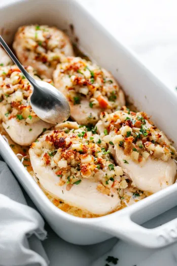 Prepared chicken breasts in a baking dish being filled with stuffing using a spoon. The image captures the generous amounts of stuffing being added to each chicken breast, ready for baking