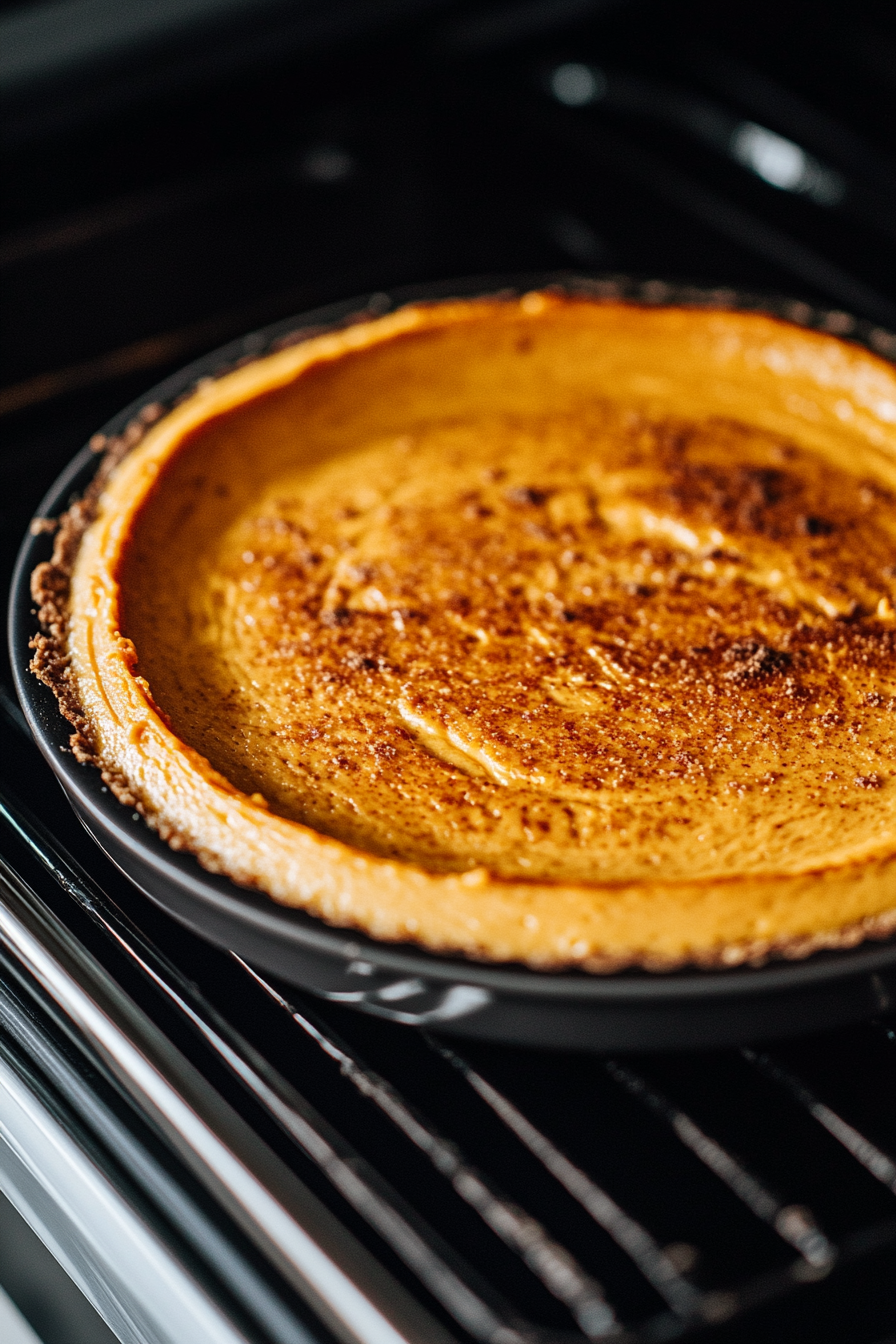 This image shows the sweet potato cheesecake baking in the oven, with the top turning a golden brown as it cooks to perfection.