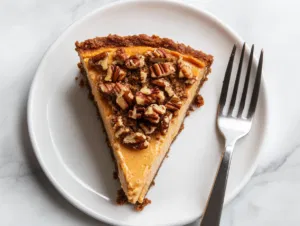 This image shows the finished sweet potato cheesecake with a golden graham cracker crust, creamy filling, and a crunchy pecan topping, beautifully presented and ready to enjoy.