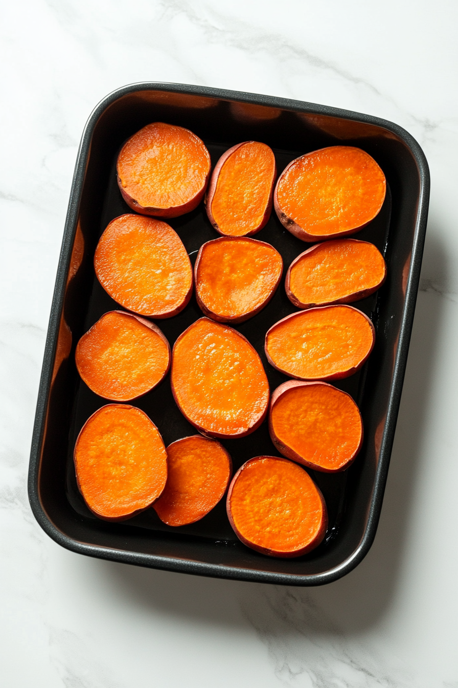 This image shows sweet potatoes baking in a dish in the oven, cooked until tender, to be used in the creamy cheesecake filling.