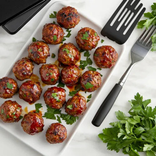 Top-down view over a white marble cooktop with a serving platter of cooked sweet and spicy meatballs. A spatula is ready to serve, with sauce drizzled over the meatballs and fresh parsley garnish beside the platter for presentation.