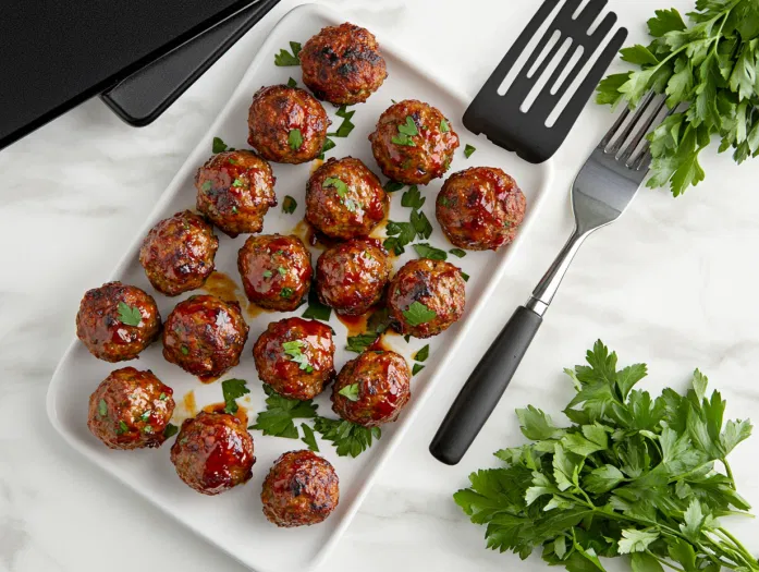 Top-down view over a white marble cooktop with a serving platter of cooked sweet and spicy meatballs. A spatula is ready to serve, with sauce drizzled over the meatballs and fresh parsley garnish beside the platter for presentation.