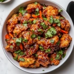 A large bowl on a white marble cooktop containing fried chicken tossed in sweet chili sauce, garnished with sesame seeds, julienned carrots, and chopped cilantro. A serving spoon is placed next to the bowl, showcasing the vibrant colors and textures of the dish, ready to be served.