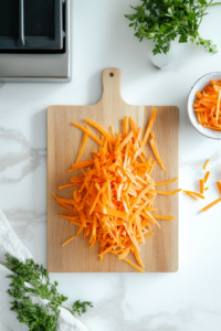 This image shows a fresh carrot being peeled and cut into thin julienne strips on a cutting board, preparing it for use in the Vietnamese dipping sauce.