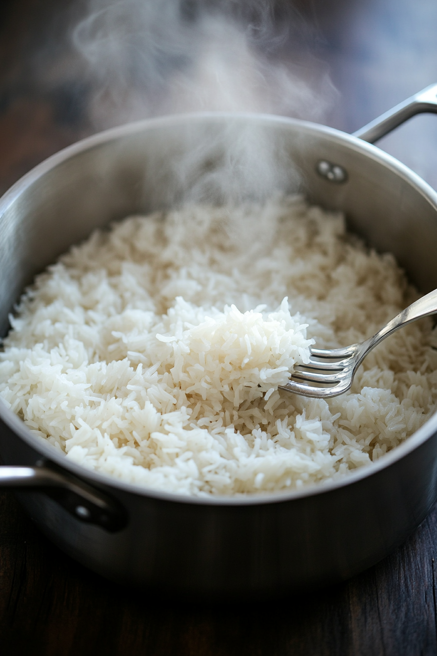 This image shows cooked rice being gently fluffed with a fork in a saucepan, separating the grains and releasing steam to prepare for cooling.