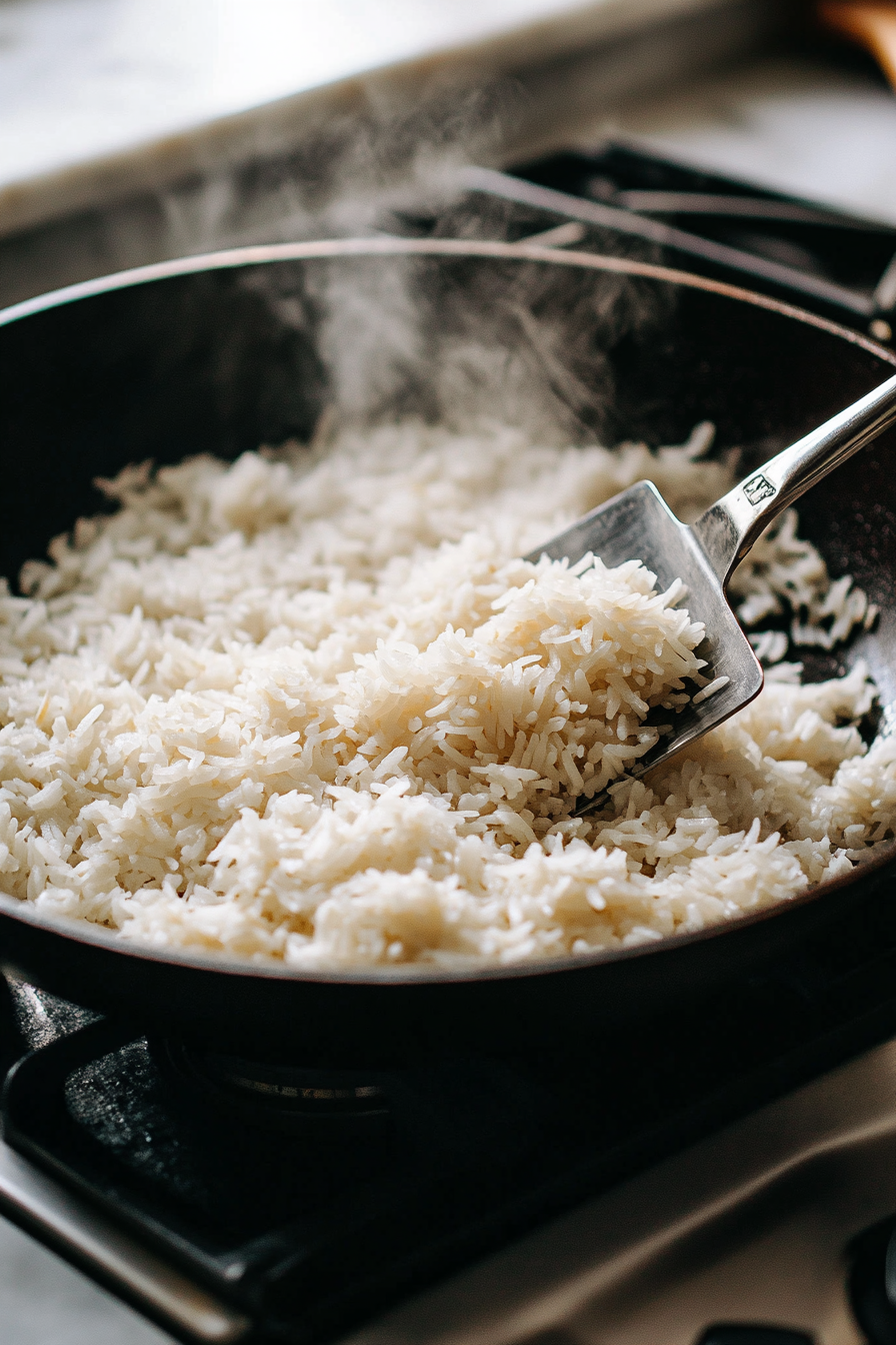 This image shows rice being cooked in a hot cast iron skillet with oil, pressed into an even layer to create a golden, crispy crust on the bottom.