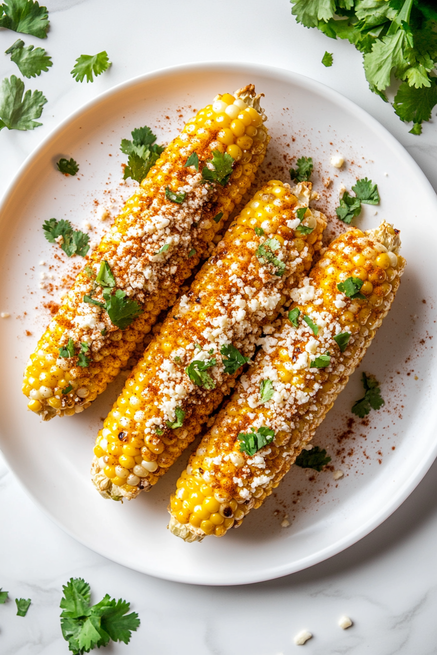 This image shows grilled corn being topped with a generous spread of chili mayo, then sprinkled with vegan parmesan, ancho chili powder, and freshly chopped cilantro for a vibrant, flavorful finish.