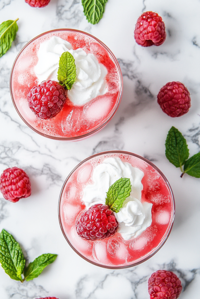 This image shows the raspberry Italian soda being topped with freshly whipped cream, bright red raspberries, and a sprig of mint, adding a decorative and flavorful garnish to the drink.