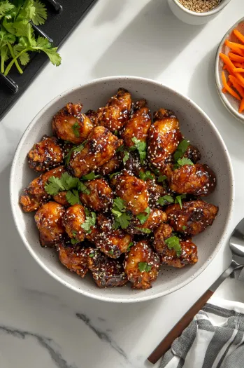 A large bowl on a white marble cooktop containing fried chicken tossed in sweet chili sauce, garnished with sesame seeds, julienned carrots, and chopped cilantro. A serving spoon is placed next to the bowl, showcasing the vibrant colors and textures of the dish, ready to be served.