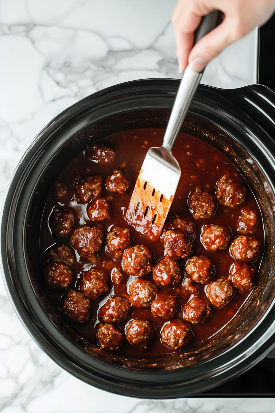 This image shows the meatballs being thoroughly coated with the Asian sauce mixture inside the crockpot, ensuring every meatball is covered with the flavorful sauce before cooking.