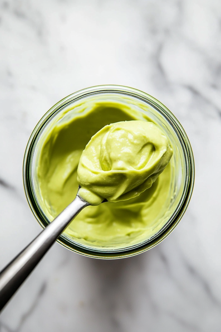 This image shows the freshly blended avocado crema being carefully transferred from the blender into a glass jar, ready for storage or immediate use.