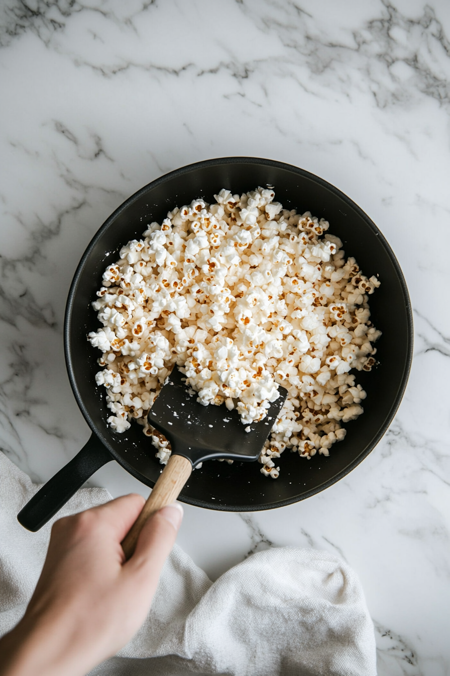 This image shows freshly popped popcorn being transferred from the saucepan into the greased 9x13 inch baking dish to cool down.