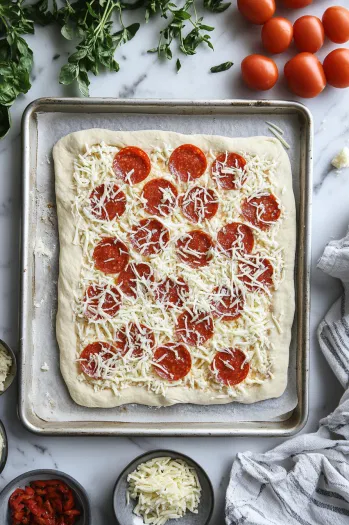 A baking sheet on a white marble cooktop with 13.8 ounces of refrigerated pizza dough being unrolled. A spatula is spreading ½ cup of pizza sauce over the dough, leaving a 2-inch border around the edges, capturing the dough preparation process.