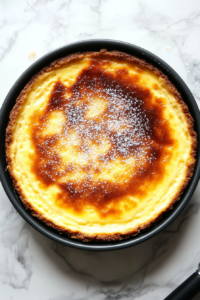 This image shows a handheld kitchen torch being used to caramelize a layer of sugar on top of the chilled Crème Brûlée cheesecake, forming the signature crispy caramelized crust of a Crème Brûlée dessert.