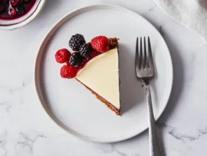 This image shows the completed vegan cheesecake with a smooth, creamy filling, a golden graham cracker crust, and a light, refreshing appearance, perfectly chilled and ready for serving.