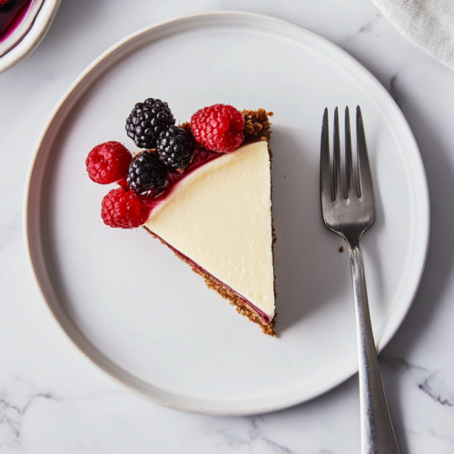 This image shows the completed vegan cheesecake with a smooth, creamy filling, a golden graham cracker crust, and a light, refreshing appearance, perfectly chilled and ready for serving.