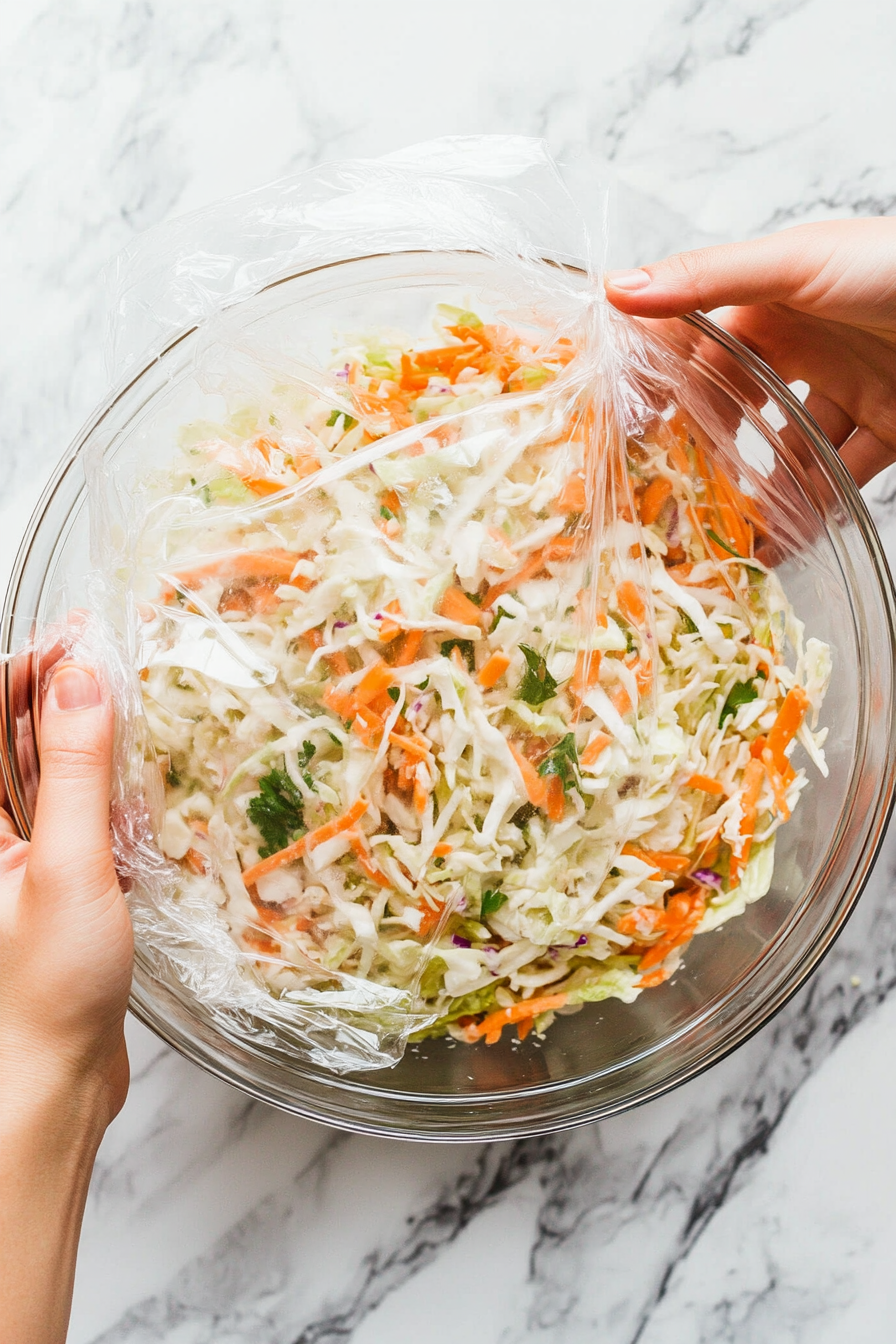 This image shows the prepared vegan coleslaw resting in a bowl inside the fridge, allowing the flavors to meld and the coleslaw to chill for an enhanced crisp texture.