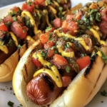 This image shows a platter of freshly grilled vegan hot dogs in soft buns, topped with mustard, ketchup, and relish, providing a satisfying and flavorful plant-based twist on the classic hot dog.