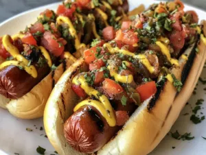 This image shows a platter of freshly grilled vegan hot dogs in soft buns, topped with mustard, ketchup, and relish, providing a satisfying and flavorful plant-based twist on the classic hot dog.