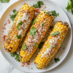 This image shows a platter of vegan Mexican street corn, grilled to perfection and topped with a creamy cashew-based chili sauce, vegan parmesan, and fresh cilantro, ready to be served as a delicious plant-based appetizer.