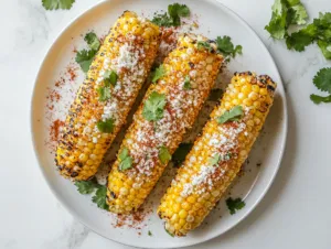 This image shows a platter of vegan Mexican street corn, grilled to perfection and topped with a creamy cashew-based chili sauce, vegan parmesan, and fresh cilantro, ready to be served as a delicious plant-based appetizer.