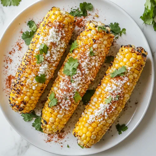 This image shows a platter of vegan Mexican street corn, grilled to perfection and topped with a creamy cashew-based chili sauce, vegan parmesan, and fresh cilantro, ready to be served as a delicious plant-based appetizer.